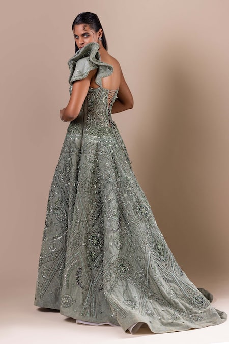 Raj Arora Green Shimmer Crinkle Lycra Embellished Crystal Sparkle Swarovski Gown at Aza Fashions Raj Arora_Green Shimmer Crinkle Lycra Embellished Crystal Sparkle Swarovski Gown _at_Aza_Fashions