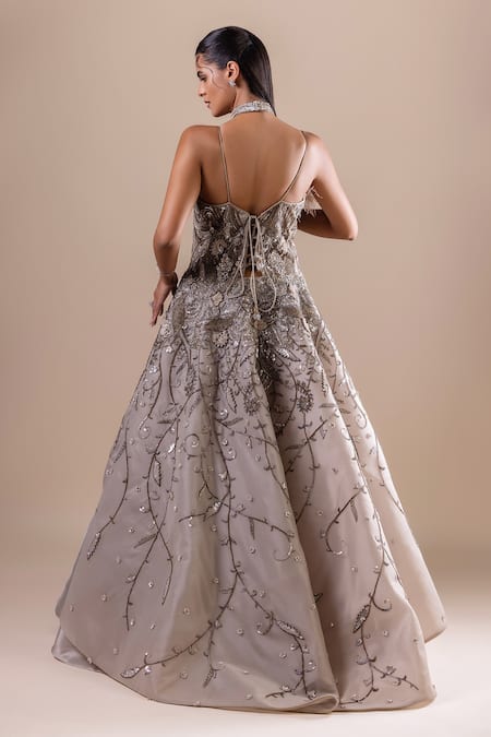 Shop Raj Arora Green Organza, Net Feathers, Embroidery Crystal Embellished Layered Gown at Aza Fashions Shop_Raj Arora_Green Organza, Net Feathers, Embroidery Crystal Embellished Layered Gown _at_Aza_Fashions