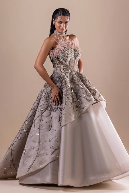 Raj Arora Green Organza, Net Feathers, Embroidery Crystal Embellished Layered Gown Online at Aza Fashions Raj Arora_Green Organza, Net Feathers, Embroidery Crystal Embellished Layered Gown _Online_at_Aza_Fashions