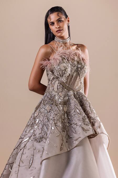 Buy Raj Arora Green Organza, Net Feathers, Embroidery Crystal Embellished Layered Gown Online at Aza Fashions Buy_Raj Arora_Green Organza, Net Feathers, Embroidery Crystal Embellished Layered Gown _Online_at_Aza_Fashions