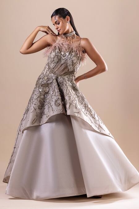 Shop Raj Arora Green Organza, Net Feathers, Embroidery Crystal Embellished Layered Gown Online at Aza Fashions Shop_Raj Arora_Green Organza, Net Feathers, Embroidery Crystal Embellished Layered Gown _Online_at_Aza_Fashions