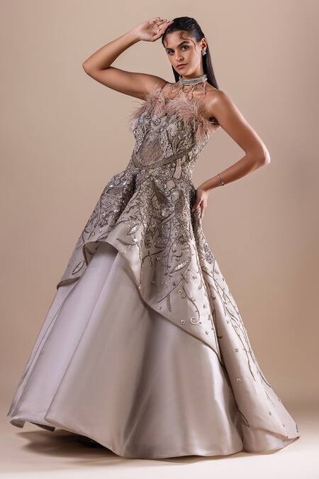 Raj Arora Green Organza, Net Feathers, Embroidery Crystal Embellished Layered Gown at Aza Fashions Raj Arora_Green Organza, Net Feathers, Embroidery Crystal Embellished Layered Gown _at_Aza_Fashions