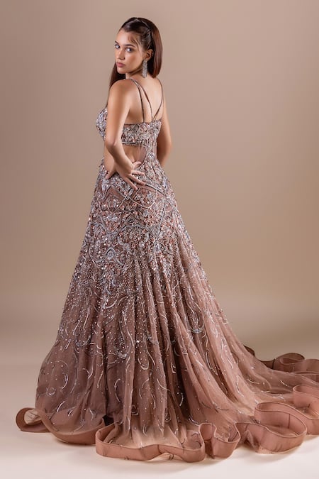 Shop_Raj Arora_Gold Net Sequins, Cut Work, Crystals V-neck Swarovski Embroidered Gown _at_Aza_Fashions