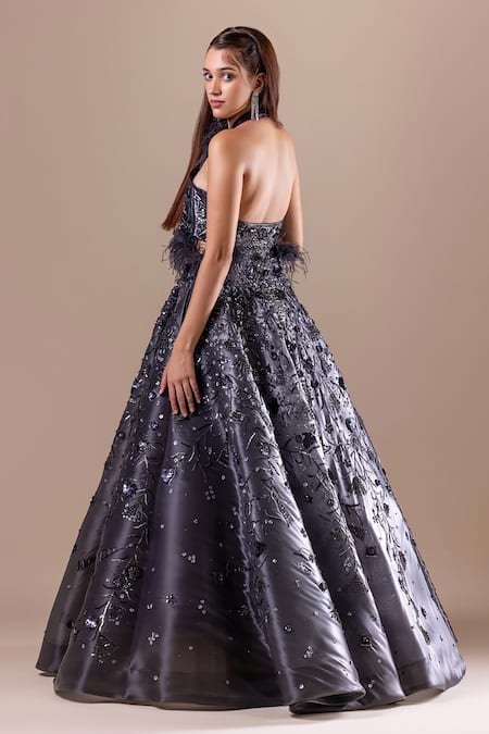 Shop Raj Arora Grey Net Embellished Sequin V Neck Gown at Aza Fashions Shop_Raj Arora_Grey Net Embellished Sequin V Neck Gown _at_Aza_Fashions
