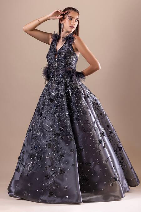 Raj Arora Grey Net Embellished Sequin V Neck Gown Online at Aza Fashions Raj Arora_Grey Net Embellished Sequin V Neck Gown _Online_at_Aza_Fashions