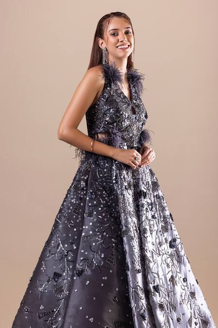 Buy Raj Arora Grey Net Embellished Sequin V Neck Gown Online at Aza Fashions Buy_Raj Arora_Grey Net Embellished Sequin V Neck Gown _Online_at_Aza_Fashions