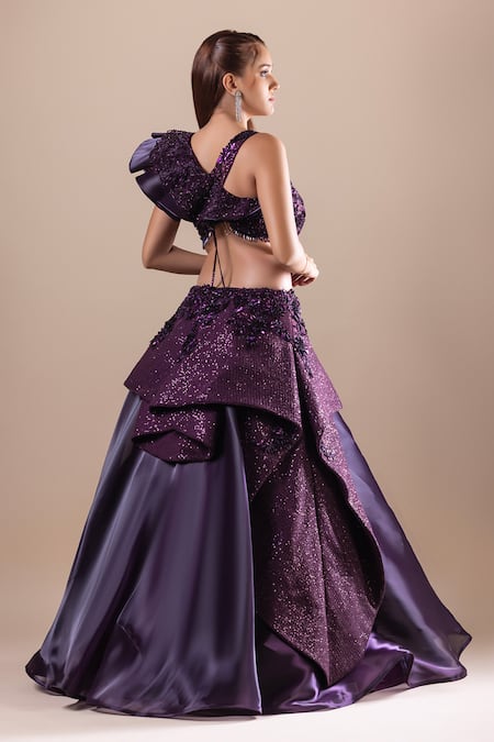 Shop_Raj Arora_Purple Net Embellished Crystal V Neck Swarovski Gown _at_Aza_Fashions