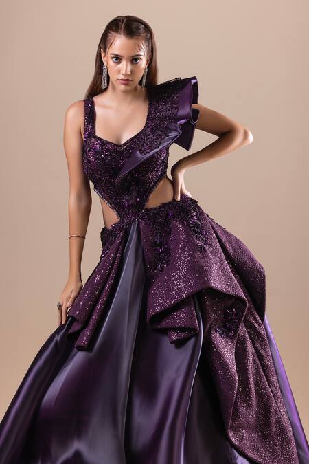 Raj Arora_Purple Net Embellished Crystal V Neck Swarovski Gown _Online_at_Aza_Fashions