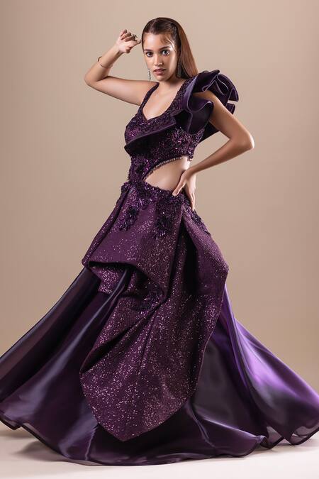 Buy_Raj Arora_Purple Net Embellished Crystal V Neck Swarovski Gown _Online_at_Aza_Fashions