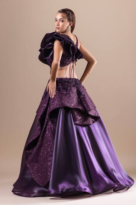 Shop_Raj Arora_Purple Net Embellished Crystal V Neck Swarovski Gown _Online_at_Aza_Fashions