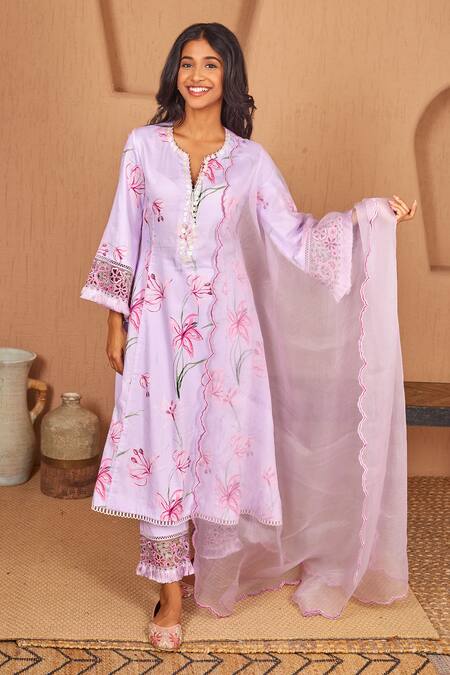 Shop Bhawna Sethi Purple Cotton, Silk Embroidery Split Finch Floral Print A-line Kurta And Pant Set Shop_Bhawna Sethi_Purple Cotton, Silk Embroidery Split Finch Floral Print A-line Kurta And Pant Set