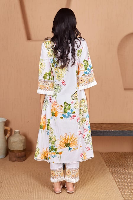 Shop Bhawna Sethi White Cotton, Silk Pearls, Beads, Pelican Floral Print A-line Kurta And Pant Set at Aza Fashions Shop_Bhawna Sethi_White Cotton, Silk Pearls, Beads, Pelican Floral Print A-line Kurta And Pant Set _at_Aza_Fashions