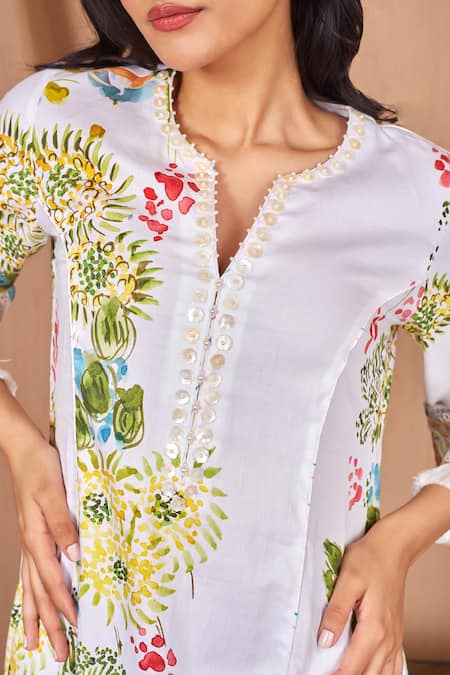 Bhawna Sethi White Cotton, Silk Pearls, Beads, Pelican Floral Print A-line Kurta And Pant Set Online at Aza Fashions Bhawna Sethi_White Cotton, Silk Pearls, Beads, Pelican Floral Print A-line Kurta And Pant Set _Online_at_Aza_Fashions