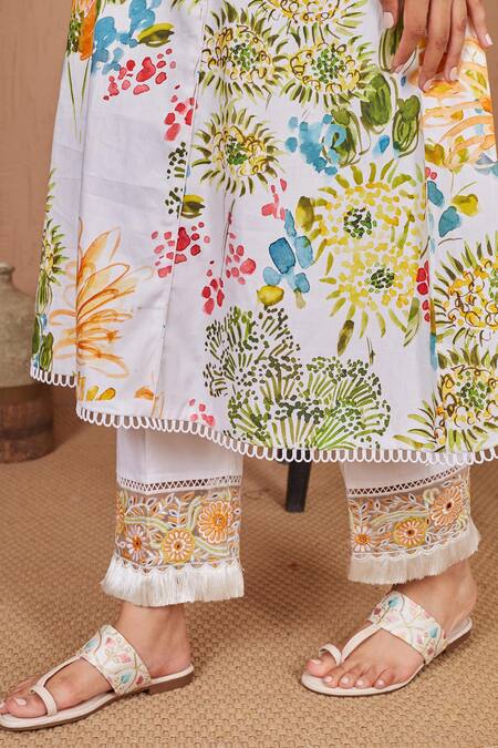 Buy Bhawna Sethi White Cotton, Silk Pearls, Beads, Pelican Floral Print A-line Kurta And Pant Set Online at Aza Fashions Buy_Bhawna Sethi_White Cotton, Silk Pearls, Beads, Pelican Floral Print A-line Kurta And Pant Set _Online_at_Aza_Fashions
