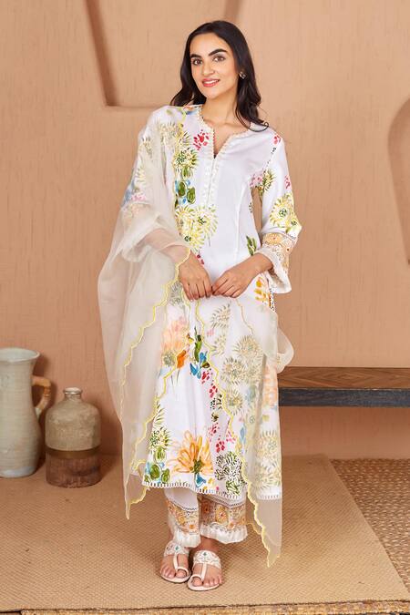 Shop Bhawna Sethi White Cotton, Silk Pearls, Beads, Pelican Floral Print A-line Kurta And Pant Set Online at Aza Fashions Shop_Bhawna Sethi_White Cotton, Silk Pearls, Beads, Pelican Floral Print A-line Kurta And Pant Set _Online_at_Aza_Fashions