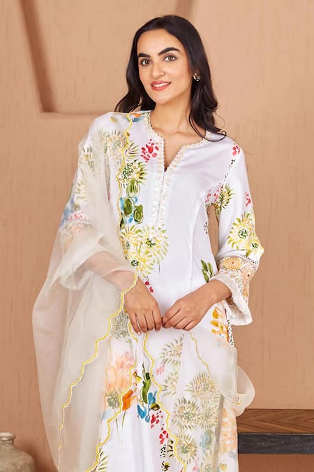 Buy Bhawna Sethi White Cotton, Silk, Organza Pelican Floral Print A-line Kurta Set With Dupatta Online at Aza Fashions Buy_Bhawna Sethi_White Cotton, Silk, Organza Pelican Floral Print A-line Kurta Set With Dupatta _Online_at_Aza_Fashions