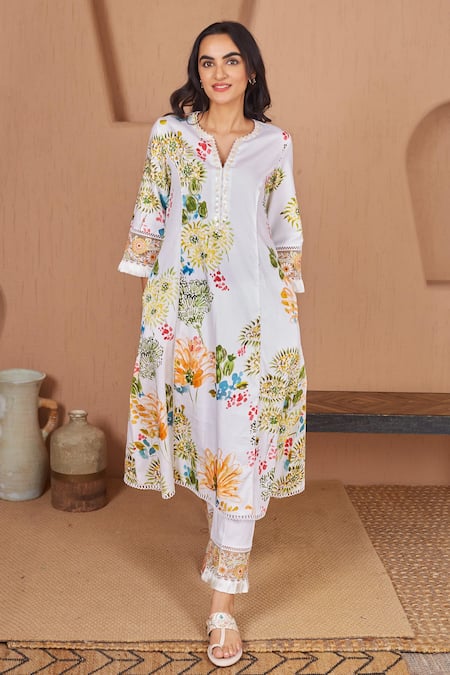 Shop Bhawna Sethi White Cotton, Silk, Organza Pelican Floral Print A-line Kurta Set With Dupatta Online at Aza Fashions Shop_Bhawna Sethi_White Cotton, Silk, Organza Pelican Floral Print A-line Kurta Set With Dupatta _Online_at_Aza_Fashions