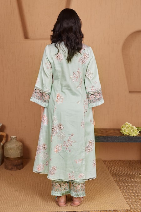 Shop Bhawna Sethi Green Cotton, Silk Beads, Cut Work Lovebird Floral Print A-line Kurta And Pant Set at Aza Fashions Shop_Bhawna Sethi_Green Cotton, Silk Beads, Cut Work Lovebird Floral Print A-line Kurta And Pant Set _at_Aza_Fashions