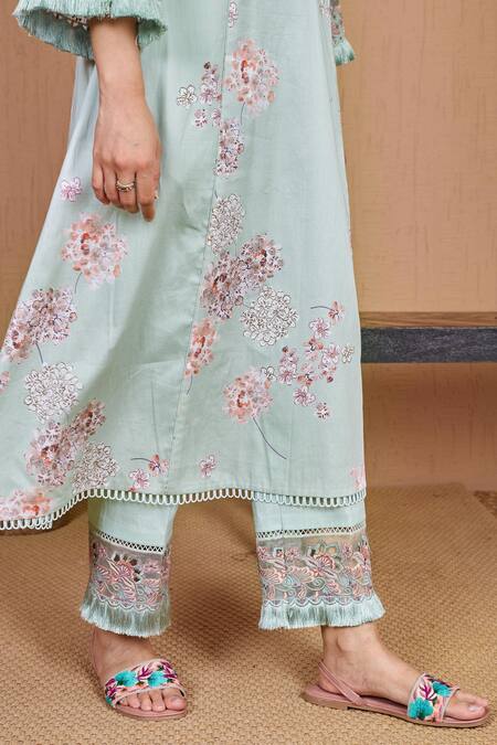 Shop Bhawna Sethi Green Cotton, Silk Beads, Cut Work Lovebird Floral Print A-line Kurta And Pant Set Online at Aza Fashions Shop_Bhawna Sethi_Green Cotton, Silk Beads, Cut Work Lovebird Floral Print A-line Kurta And Pant Set _Online_at_Aza_Fashions