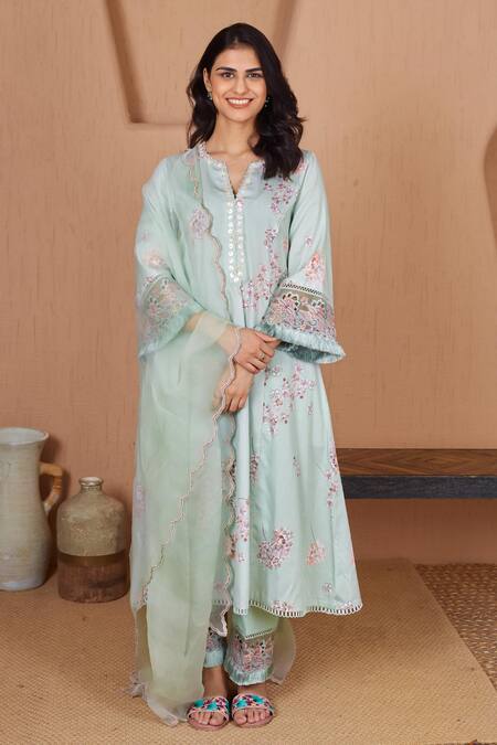 Bhawna Sethi Green Cotton, Silk Beads, Cut Work Lovebird Floral Print A-line Kurta And Pant Set at Aza Fashions Bhawna Sethi_Green Cotton, Silk Beads, Cut Work Lovebird Floral Print A-line Kurta And Pant Set _at_Aza_Fashions