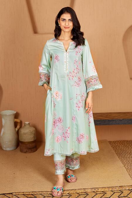 Bhawna Sethi Green Cotton, Silk, Organza Lovebird Floral Print A-line Kurta Set With Dupatta Online at Aza Fashions Bhawna Sethi_Green Cotton, Silk, Organza Lovebird Floral Print A-line Kurta Set With Dupatta _Online_at_Aza_Fashions
