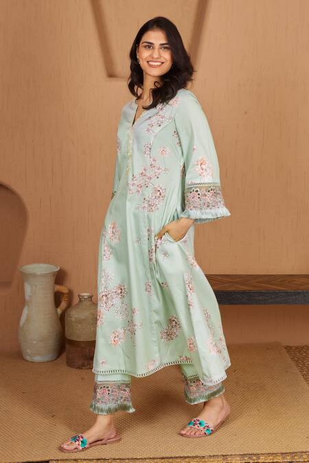 Buy Bhawna Sethi Green Cotton, Silk, Organza Lovebird Floral Print A-line Kurta Set With Dupatta Online at Aza Fashions Buy_Bhawna Sethi_Green Cotton, Silk, Organza Lovebird Floral Print A-line Kurta Set With Dupatta _Online_at_Aza_Fashions