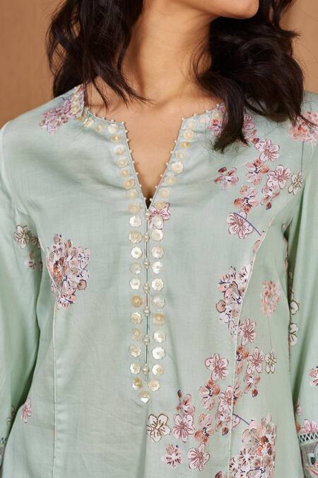 Shop Bhawna Sethi Green Cotton, Silk, Organza Lovebird Floral Print A-line Kurta Set With Dupatta Online at Aza Fashions Shop_Bhawna Sethi_Green Cotton, Silk, Organza Lovebird Floral Print A-line Kurta Set With Dupatta _Online_at_Aza_Fashions