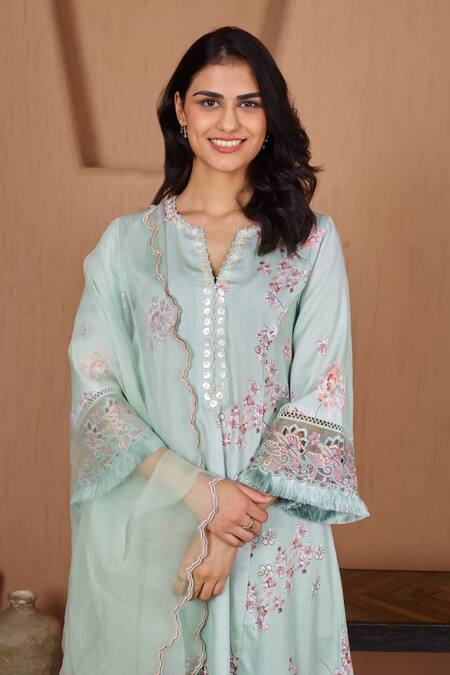 Buy Bhawna Sethi Green Cotton, Silk, Organza Lovebird Floral Print A-line Kurta Set With Dupatta Buy_Bhawna Sethi_Green Cotton, Silk, Organza Lovebird Floral Print A-line Kurta Set With Dupatta