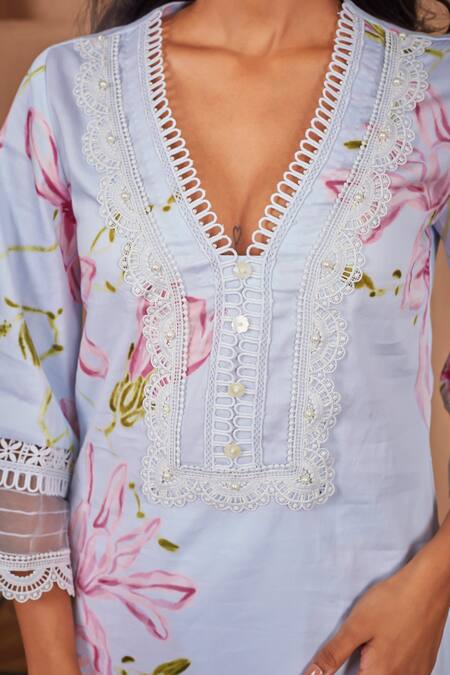 Bhawna Sethi Blue Cotton, Silk Lace, Pearls V-neck Bird Floral Print A-line Kurta And Pant Set Online at Aza Fashions Bhawna Sethi_Blue Cotton, Silk Lace, Pearls V-neck Bird Floral Print A-line Kurta And Pant Set _Online_at_Aza_Fashions