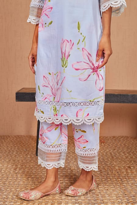 Buy Bhawna Sethi Blue Cotton, Silk Lace, Pearls V-neck Bird Floral Print A-line Kurta And Pant Set Online at Aza Fashions Buy_Bhawna Sethi_Blue Cotton, Silk Lace, Pearls V-neck Bird Floral Print A-line Kurta And Pant Set _Online_at_Aza_Fashions