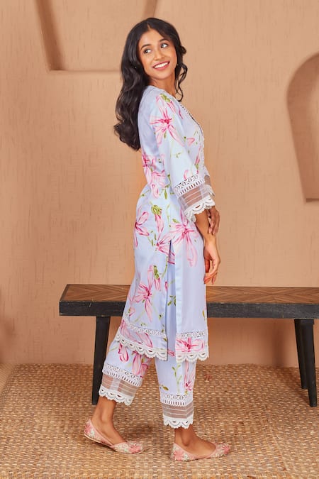 Bhawna Sethi Blue Cotton, Silk Lace, Pearls V-neck Bird Floral Print A-line Kurta And Pant Set at Aza Fashions Bhawna Sethi_Blue Cotton, Silk Lace, Pearls V-neck Bird Floral Print A-line Kurta And Pant Set _at_Aza_Fashions