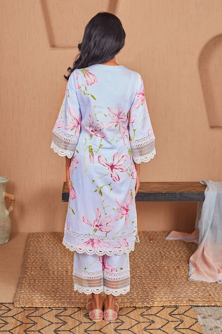 Shop Bhawna Sethi Blue Cotton, Silk, Chanderi Lace, Pearls Bird Printed Kurta Set With Dupatta at Aza Fashions Shop_Bhawna Sethi_Blue Cotton, Silk, Chanderi Lace, Pearls Bird Printed Kurta Set With Dupatta _at_Aza_Fashions