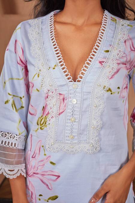 Buy Bhawna Sethi Blue Cotton, Silk, Chanderi Lace, Pearls Bird Printed Kurta Set With Dupatta Online at Aza Fashions Buy_Bhawna Sethi_Blue Cotton, Silk, Chanderi Lace, Pearls Bird Printed Kurta Set With Dupatta _Online_at_Aza_Fashions