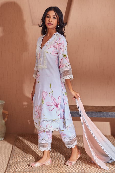 Shop Bhawna Sethi Blue Cotton, Silk, Chanderi Lace, Pearls Bird Printed Kurta Set With Dupatta Online at Aza Fashions Shop_Bhawna Sethi_Blue Cotton, Silk, Chanderi Lace, Pearls Bird Printed Kurta Set With Dupatta _Online_at_Aza_Fashions