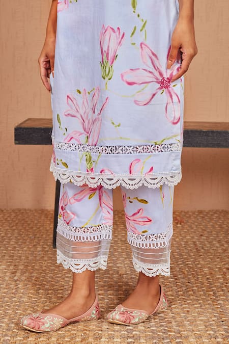 Bhawna Sethi Blue Cotton, Silk, Chanderi Lace, Pearls Bird Printed Kurta Set With Dupatta at Aza Fashions Bhawna Sethi_Blue Cotton, Silk, Chanderi Lace, Pearls Bird Printed Kurta Set With Dupatta _at_Aza_Fashions