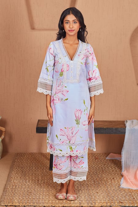Buy Bhawna Sethi Blue Cotton, Silk, Chanderi Lace, Pearls Bird Printed Kurta Set With Dupatta Buy_Bhawna Sethi_Blue Cotton, Silk, Chanderi Lace, Pearls Bird Printed Kurta Set With Dupatta