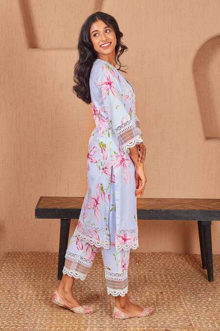 Shop Bhawna Sethi Blue Cotton, Silk, Chanderi Lace, Pearls Bird Printed Kurta Set With Dupatta Shop_Bhawna Sethi_Blue Cotton, Silk, Chanderi Lace, Pearls Bird Printed Kurta Set With Dupatta