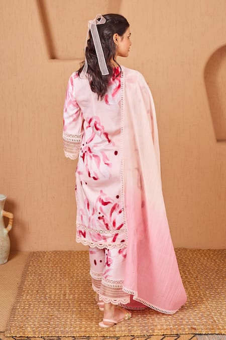 Shop Bhawna Sethi Pink Cotton, Silk Lace, Pearls Rosella Floral Print A-line Kurta And Pant Set at Aza Fashions Shop_Bhawna Sethi_Pink Cotton, Silk Lace, Pearls Rosella Floral Print A-line Kurta And Pant Set _at_Aza_Fashions