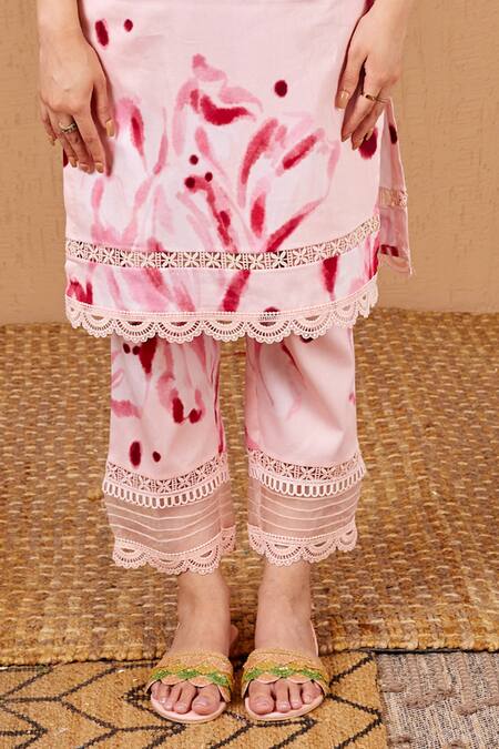 Buy Bhawna Sethi Pink Cotton, Silk Lace, Pearls Rosella Floral Print A-line Kurta And Pant Set Online at Aza Fashions Buy_Bhawna Sethi_Pink Cotton, Silk Lace, Pearls Rosella Floral Print A-line Kurta And Pant Set _Online_at_Aza_Fashions
