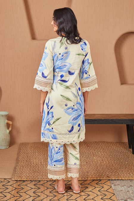 Shop Bhawna Sethi Yellow Cotton, Silk Lace, Pearls, Canary Floral Print A-line Kurta And Pant Set at Aza Fashions Shop_Bhawna Sethi_Yellow Cotton, Silk Lace, Pearls, Canary Floral Print A-line Kurta And Pant Set _at_Aza_Fashions