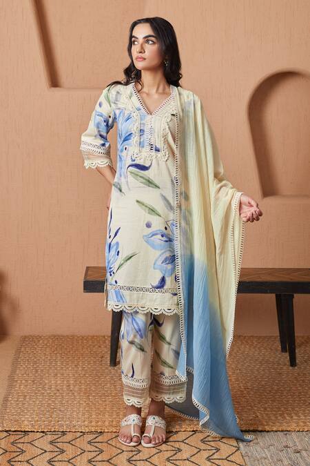 Buy Bhawna Sethi Yellow Cotton, Silk Lace, Pearls, Canary Floral Print A-line Kurta And Pant Set Online at Aza Fashions Buy_Bhawna Sethi_Yellow Cotton, Silk Lace, Pearls, Canary Floral Print A-line Kurta And Pant Set _Online_at_Aza_Fashions