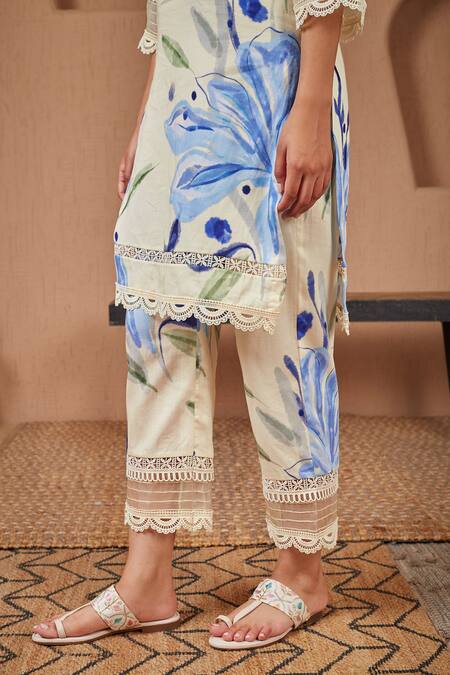 Buy Bhawna Sethi Yellow Cotton, Silk Lace, Pearls, Canary Floral Print A-line Kurta And Pant Set Buy_Bhawna Sethi_Yellow Cotton, Silk Lace, Pearls, Canary Floral Print A-line Kurta And Pant Set