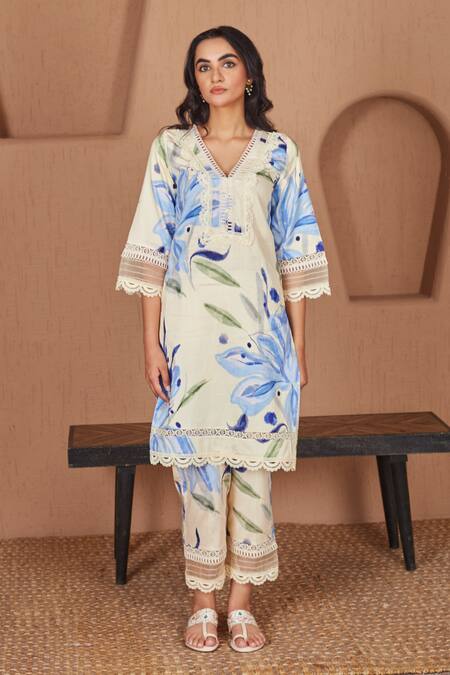 Bhawna Sethi Yellow Cotton, Silk, Chanderi Canary Floral Print A-line Kurta Set With Dupatta at Aza Fashions Bhawna Sethi_Yellow Cotton, Silk, Chanderi Canary Floral Print A-line Kurta Set With Dupatta _at_Aza_Fashions