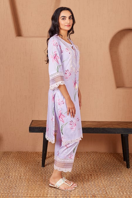 Shop Bhawna Sethi Purple Cotton, Silk Lace Round Neck Finch Floral Print A-line Kurta And Pant Set at Aza Fashions Shop_Bhawna Sethi_Purple Cotton, Silk Lace Round Neck Finch Floral Print A-line Kurta And Pant Set _at_Aza_Fashions