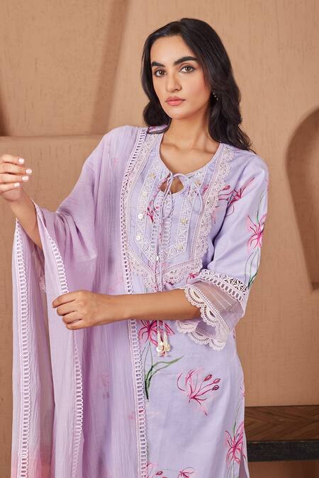 Bhawna Sethi Purple Cotton, Silk Lace Round Neck Finch Floral Print A-line Kurta And Pant Set Online at Aza Fashions Bhawna Sethi_Purple Cotton, Silk Lace Round Neck Finch Floral Print A-line Kurta And Pant Set _Online_at_Aza_Fashions
