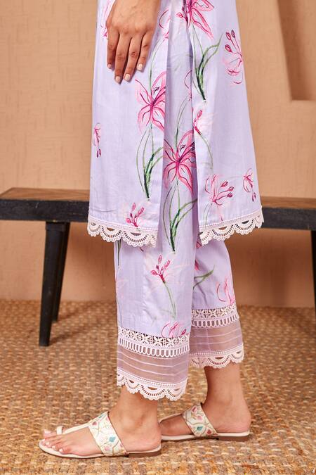 Buy Bhawna Sethi Purple Cotton, Silk Lace Round Neck Finch Floral Print A-line Kurta And Pant Set Online at Aza Fashions Buy_Bhawna Sethi_Purple Cotton, Silk Lace Round Neck Finch Floral Print A-line Kurta And Pant Set _Online_at_Aza_Fashions
