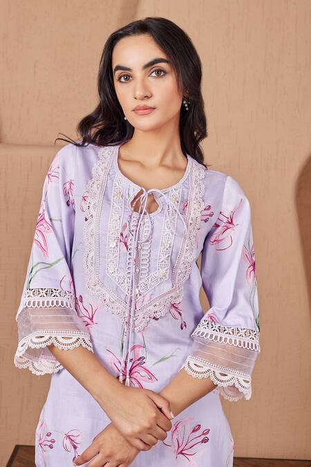 Shop Bhawna Sethi Purple Cotton, Silk Lace Round Neck Finch Floral Print A-line Kurta And Pant Set Online at Aza Fashions Shop_Bhawna Sethi_Purple Cotton, Silk Lace Round Neck Finch Floral Print A-line Kurta And Pant Set _Online_at_Aza_Fashions