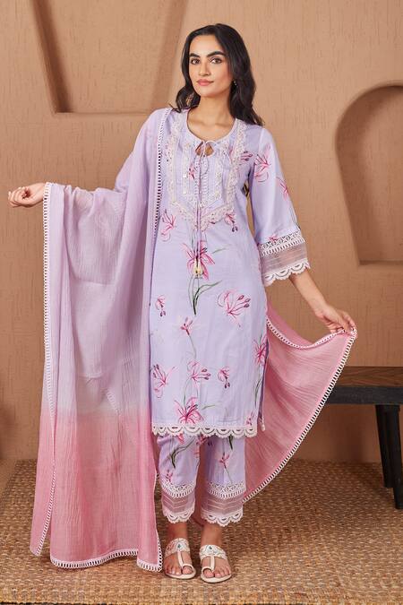 Bhawna Sethi Purple Cotton, Silk Lace Round Neck Finch Floral Print A-line Kurta And Pant Set at Aza Fashions Bhawna Sethi_Purple Cotton, Silk Lace Round Neck Finch Floral Print A-line Kurta And Pant Set _at_Aza_Fashions