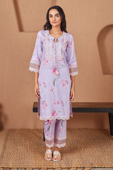Shop Bhawna Sethi Purple Cotton, Silk, Chanderi Lace, Pearls, Finch Kurta Set With Dupatta at Aza Fashions Shop_Bhawna Sethi_Purple Cotton, Silk, Chanderi Lace, Pearls, Finch Kurta Set With Dupatta _at_Aza_Fashions