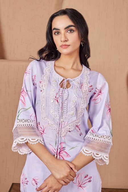 Shop Bhawna Sethi Purple Cotton, Silk, Chanderi Lace, Pearls, Finch Kurta Set With Dupatta Online at Aza Fashions Shop_Bhawna Sethi_Purple Cotton, Silk, Chanderi Lace, Pearls, Finch Kurta Set With Dupatta _Online_at_Aza_Fashions